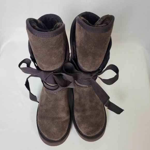 UGG Australia Brown Ribbon Lace Up Sheepskin Wool Boots Womens Size W7 - Picture 5 of 7